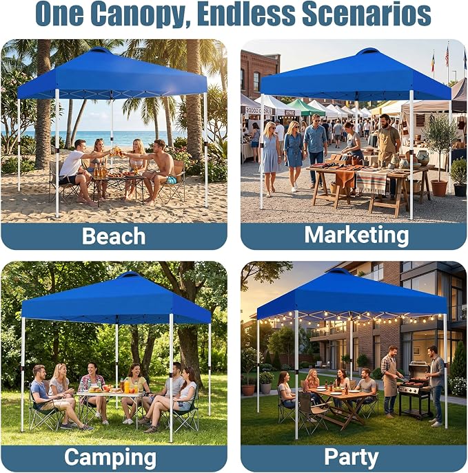 10x10 Pop Up Canopy Tent, Instant Folding Outdoor Shelter with High Strength Steel Frame and Handheld Carry Bag, Ground Stakes and Wind Ropes for Backyard Party, Camping, Beach Events, Blue