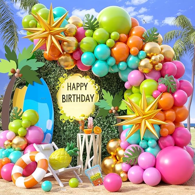 Summer Tropical Balloon Arch Kit, Rainbow Neno Balloon Arch, Hot Pink Green Orange lime Green Teal Blue Yellow Latex Rainbow Balloon for Hawaiian Luau Aloha Birthday Baby Shower Pool Party Decorations