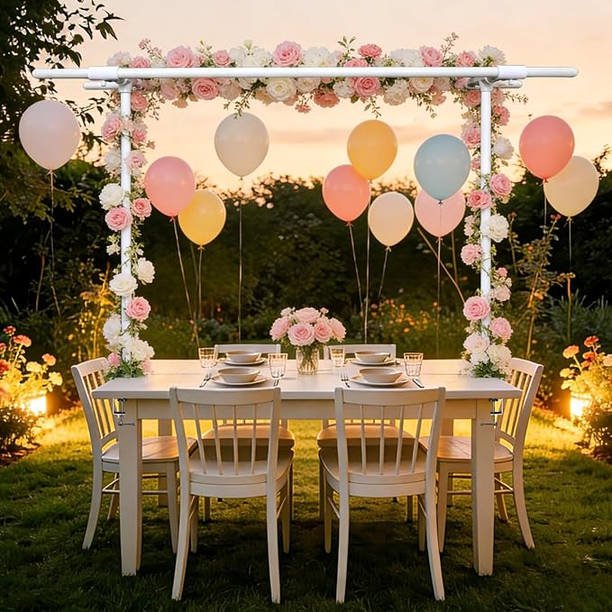 Beyeutao Over The Table Rod Stand with Clamps Adjustable Double Crossbar Table Arch Stand 16"-87" Length 16"-45" Height White Table Banner stand Garden Arbors Fit for Wedding Birthday Party Christmas Decoration