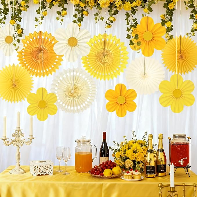 Yellow Party Decorations, 12PCS Paper Fans Flower Wall Backdrop for Sunflower Theme Birthday, Summer Lemon Party, Weddings, Baby Showers, Nursery Classroom Ceiling Supplies