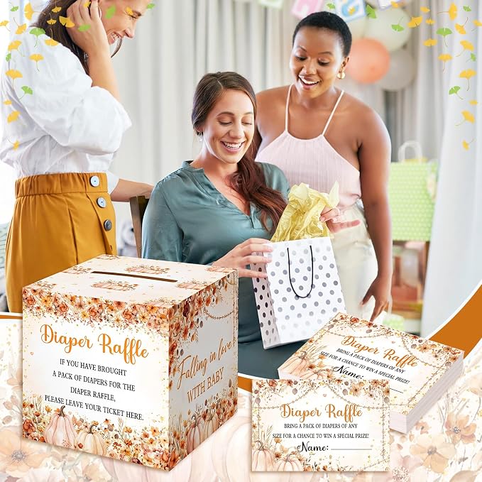 Teling 51 Pieces Diaper Raffle Tickets with Card Box Baby Shower Decorations Gender Reveal Holder Box for Girl Boy Diaper Raffle Party (Falling in Love with Baby Style)