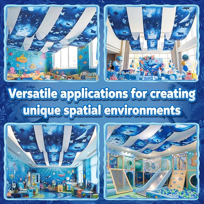 Gilprop 3 Pcs Ocean World Ceiling Decorations, 2 x 12 Ft Underwater Theme Hanging Fabric, Sea Creature Party Supplies for Birthday Baby Shower Classroom Photo Backdrop & Event Decor