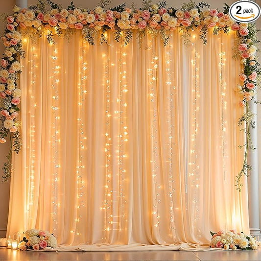 10 x 10ft Dark Champagne Backdrop Curtains with Lights String for Wedding Polyester Photo Backdrop Drapes Wrinkle Free Long Curtains Back Drop for Birthday Parties Reception Baby Shower Ceremony Event