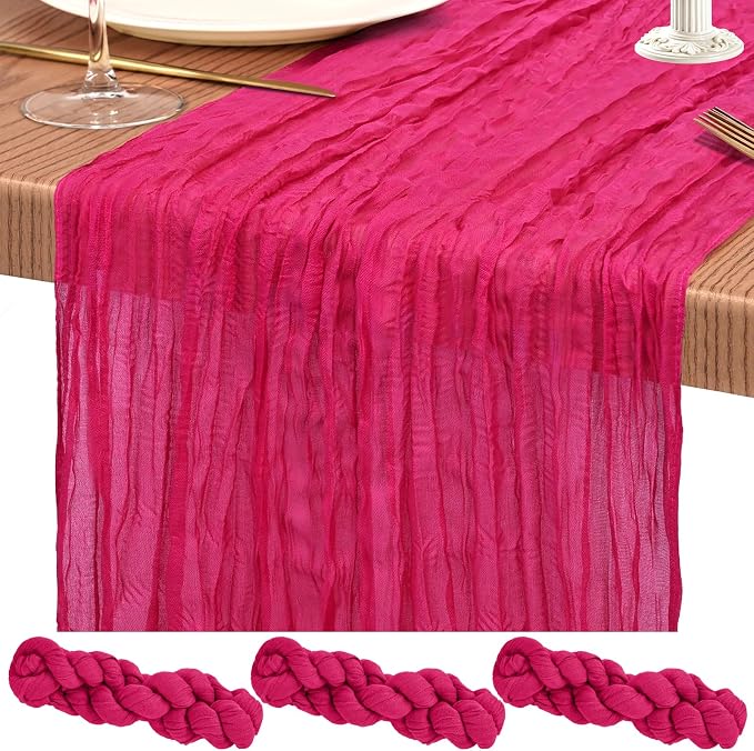 3 Pack Cheesecloth Table Runner 10FT Hot Pink Table Runner Boho Gauze Cheese Cloth Table Runners Long Rustic Sheer Table Decorations for Wedding Party Baby Bridal Shower Birthday Holiday Home