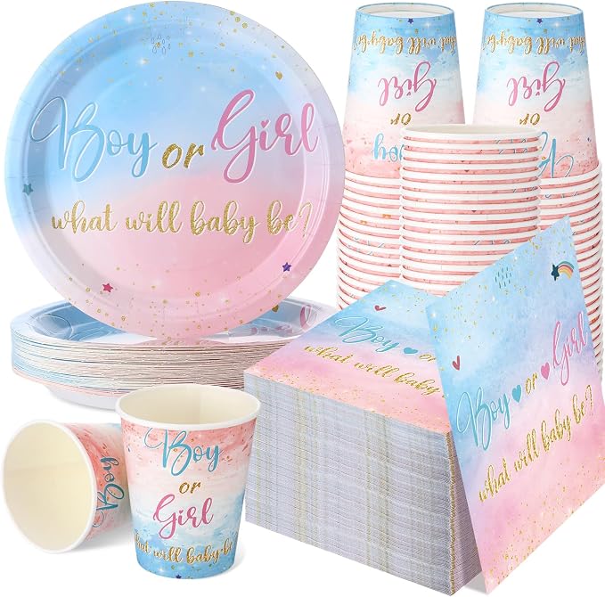 Hushee 200 Pcs Gender Reveal Baby Shower Paper Plates Napkins Cups Baby Shower Party Supplies Tableware Set Disposable Cup Napkin for 50 Guest Party Decoration