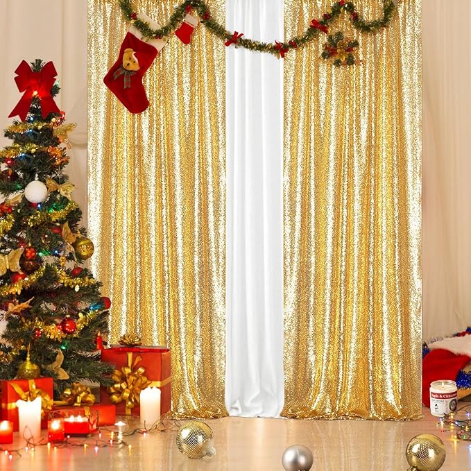 PartyDelight Gold Sequin Backdrop Curtains 2x8ft 4 Panels | 3mm stitched sequin curtain with 4 inch rod pocket for 2x8ft 4 panel fuller wall coverage pleated backdrop and 8ft stand