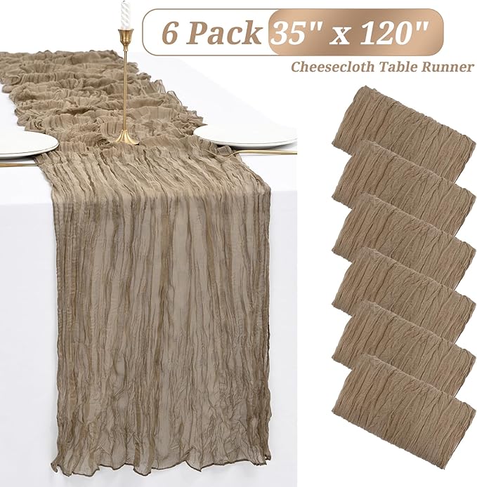 6 Pack Light Brown Cheesecloth Gauze Table Decor 10FT Semi-Sheer tbl Boho Rustic Wedding Decor Arch Draping Bridal Shower Holiday Party