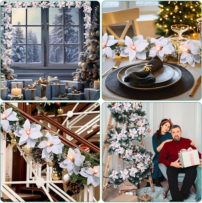 Zubebe 2 Pcs Prelit Poinsettia Christmas Garland with String Lights Glitter Holly Leaves Berries Remote Timer 8 Modes 6.5 ft Lighted Flower Garland Battery Operated Indoor Outdoor Decor(White)