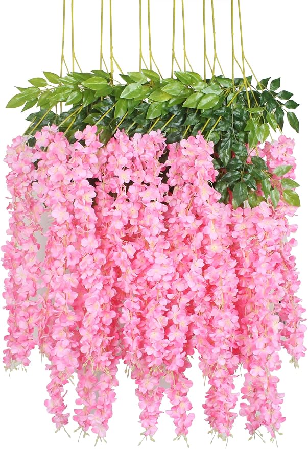Duovlo 12 Piece Artificial Silk Wisteria Vine 3.6 Feet Ratta Hanging Flower Garland String Home Party Wedding Decor (Dark Pink)