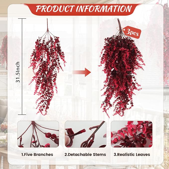 RECUTMS 3Pcs Artificial Fall Hanging Money Plants 31.5" for Indoor Outdoor | UV Resistant,Wine Red Hanging Artificial Plants,Fall Fake Vine for Autumn Home Garden Patio Front Porch Wedding Party Decor