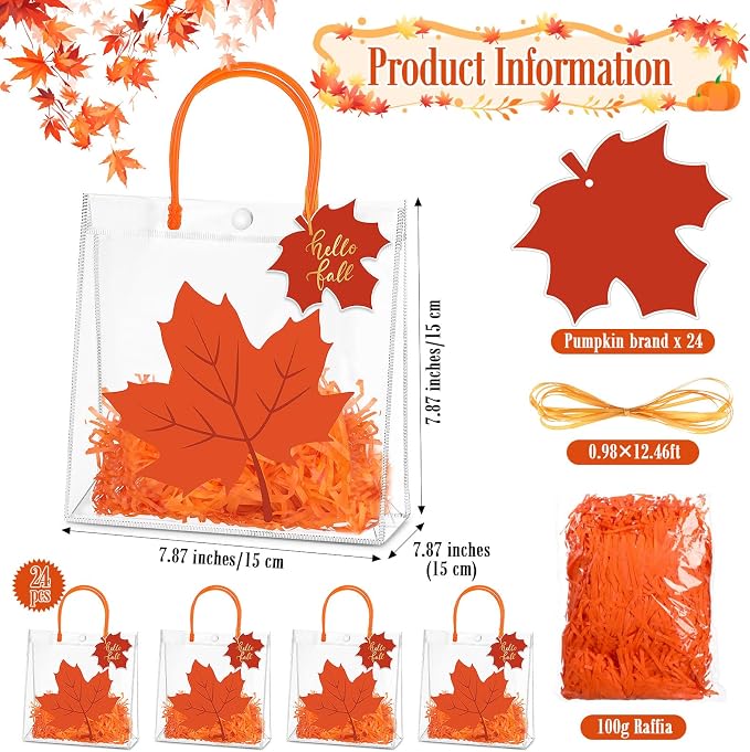 Hosuly 24 Pcs Thanksgiving PVC Gift Bags with Handles Button Reusable Clear Fall Maple Leaf Candy Treat Goodie Bags for Autumn Harvest Halloween Birthday Baby Shower Party Favors Supplies