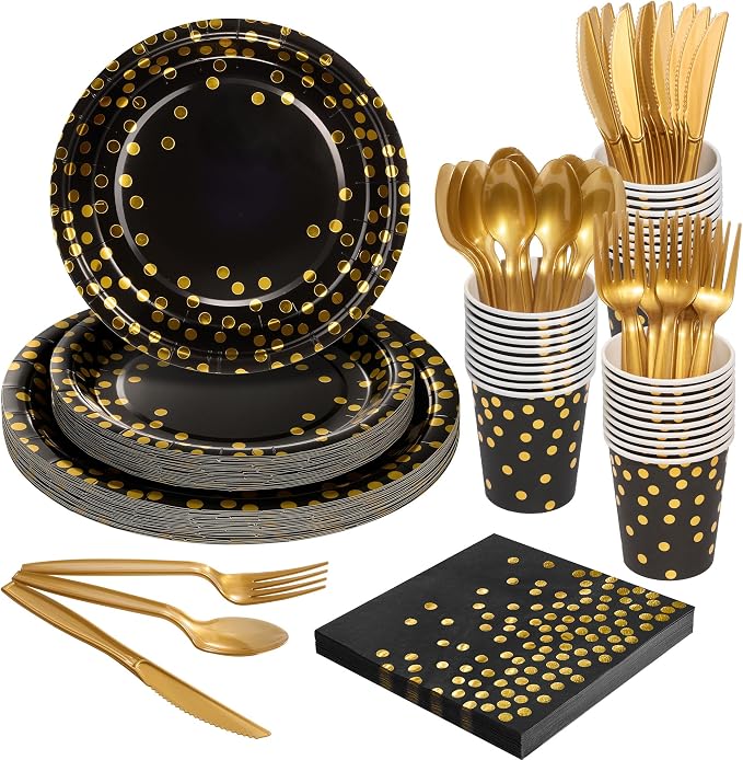 Goodlluck 175PCS Black Gold Foil Polka Dot Disposable Party Tableware Set, 25 Guests | 9" & 7" Golden Dot Disposable Paper Plates, 9oz Cups, Napkins & Gold Cutlery for Birthday, Glam Events