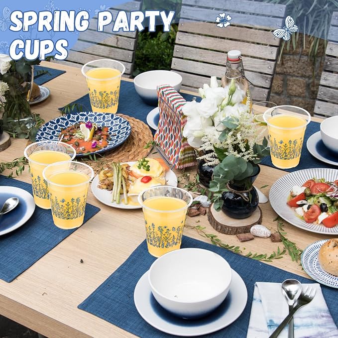 Funnymoom 60 Pack Blue Floral Plastic Cups 12 oz Blue White Flower Wildflowers Disposable Clear Plastic Drinking Cups for Summer Spring Wedding Bridal Baby Shower Birthday Party Decoration Supplies