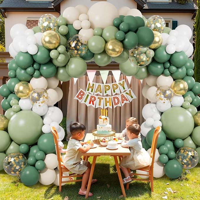 CboDeco Sage Green Balloon Garland Arch Kit, Sage Green Olive White Gold Balloons in 18 12 10 5 inch, Metallic Confetti Balloons for First Communion Safari Baby Shower Birthday Baptism Decorations