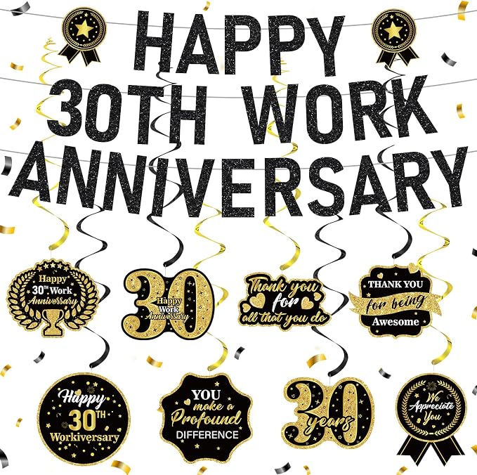 11pcs 30 Year Work Anniversary Decorations Black Gold Happy 30th Work Anniversary Banner Hanging Swirls Employee Appreciation Decorations Supplies 30 Year Workiversary Gifts for Employee Worker