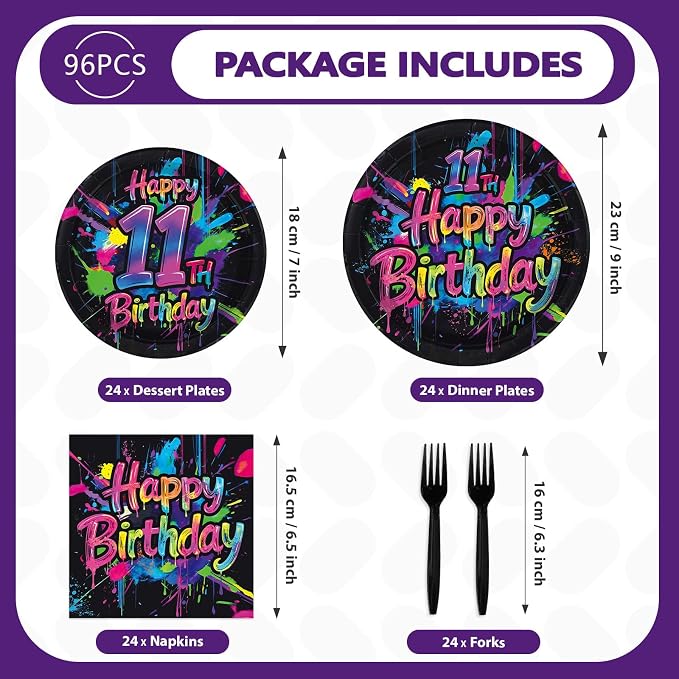 96 Pcs Neon Graffiti 11th Birthday Party Supplies Colorful Paint Splatter Plates and Napkins Neon Splatter Tableware Set for Boys Girls Birthday Retro Paint Party Supplies, Serves 24