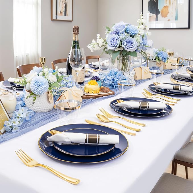 WDF 150pcs Blue plastic Plates - Navy Blue Plates Disposable 25guest Disposable Dinnerware Sets for Party/Wedding/Birthday