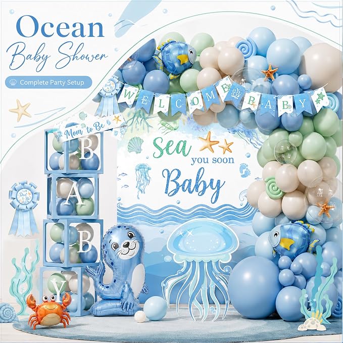 Under the Sea Baby Shower Decorations, All-in-One Sea You Soon Baby Shower Boy Party Decoration Kit with Balloon Arch Backdrop for Summer UnderWater Ocean Animal Theme Baby Shower Decorations Boys