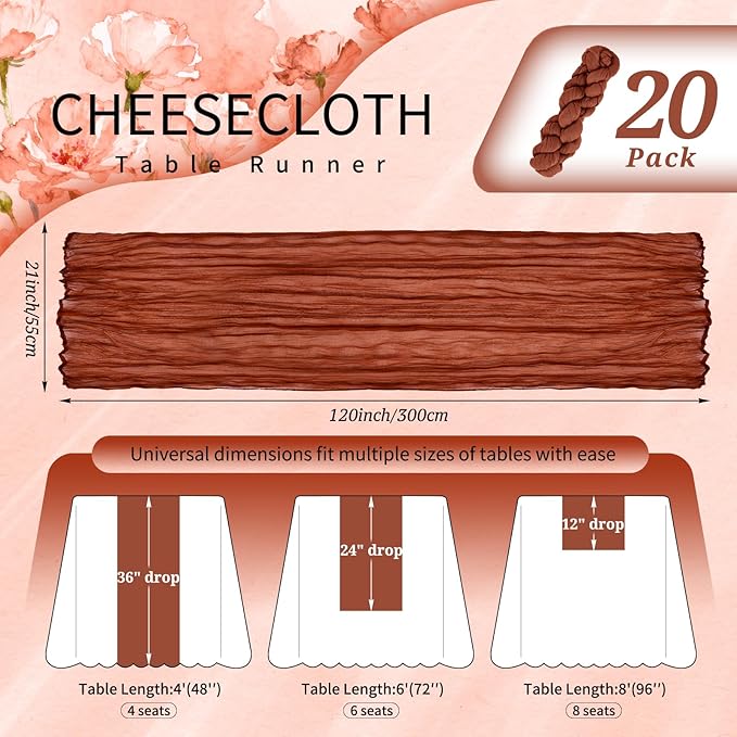 20 Pack Terracotta Cheesecloth Table Runner 10FT Fall Boho Gauze Cheese Cloth Table Runners Romantic Rustic Sheer Table Decorations for Wedding Party Baby Shower Birthday Holiday Home