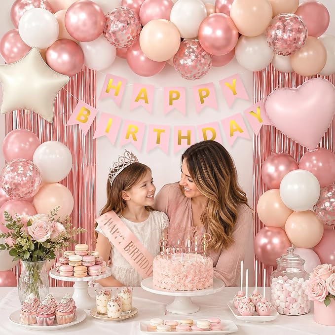 Dusty Pink Birthday Decorations for Women Girls,Retro Pink Balloons with Happy Birthday Banner,Fringe Curtain,Cake Topper,Sash and Crown for Birthday Party Supplies