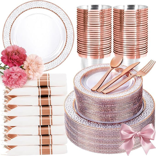 Ciaell 350PCS Rose Gold Plastic Plates - Clear Rose Gold Disposable Plates with Plastic Silverware include 100Plates, 150Silverware, 50Cups, 50Napkins for Wedding & Party & Mother's Day