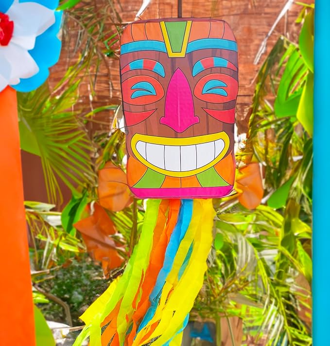Jergrim Tiki Piñata Mask Luau Party Decorations Small 4-piece Set, Great for Tropical Birthday Pool Parties Decoration, Hawaiian Fiesta, Summer Party & Beach Parties