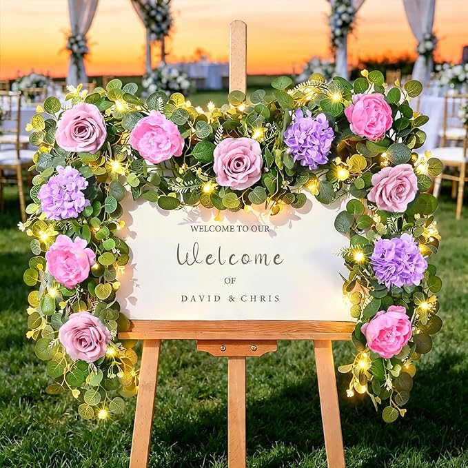 Livole 6 FT Artificial Flower Garland with Lights Pink Fake Roses Peony Floral Garland with Eucalyptus Flower Hanging Vine for Wedding Arch Table Centerpieces Backdrop Party Home Decorations