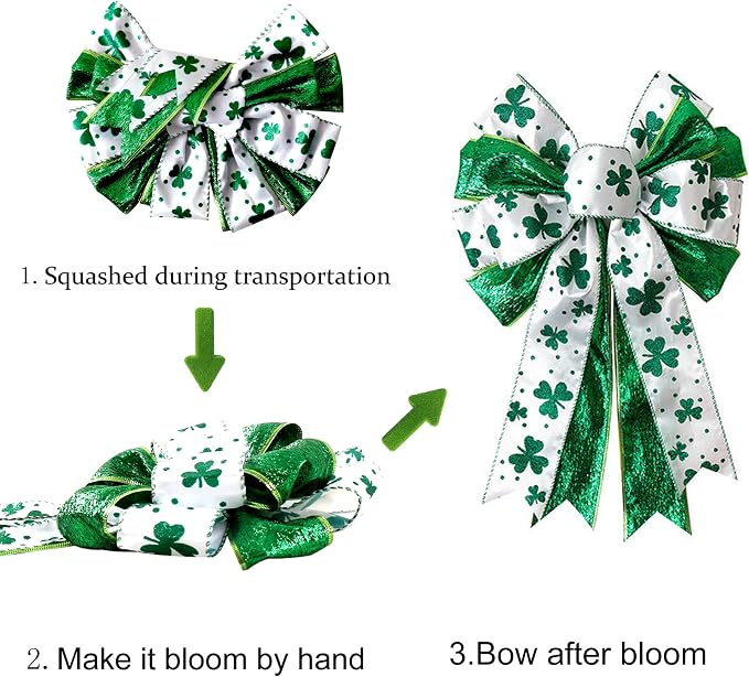 St Patricks Day Bow for Wreath Decorations,11.4 * 19.6in Large White Green Glitter Shamrock Bowknot Irish Holiday Crafts Bows for Tree Topper Front Door Outdoor Outside
