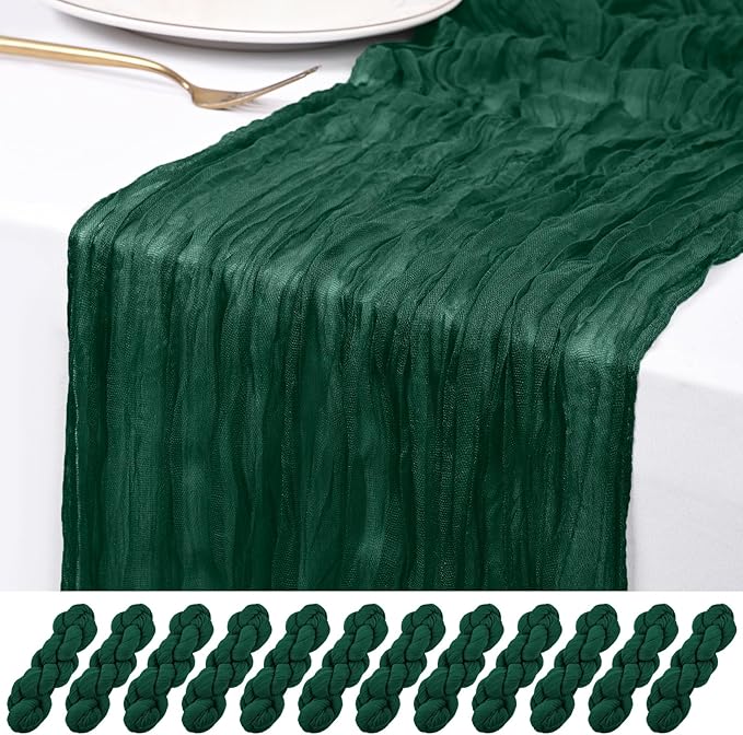 12 Pack Emerald Green Cheesecloth Table Runner 120 inch Fall Thanksgiving Boho Rustic Gauze Farmhouse 10FT Cheese Cloth Runner for Baby Shower Wedding Party Holiday Home Decor