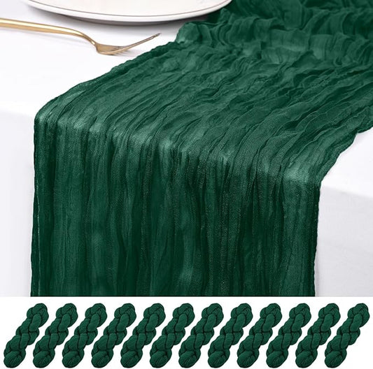 12 Pack Emerald Green Cheesecloth Table Runner 120 inch Fall Thanksgiving Boho Rustic Gauze Farmhouse 10FT Cheese Cloth Runner for Baby Shower Wedding Party Holiday Home Decor