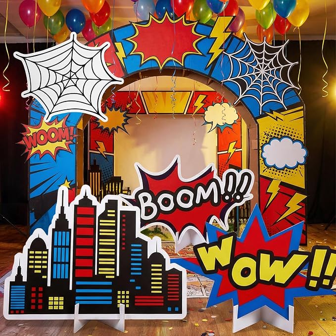 Honoson 4 Pcs Large 24" x 32" Spider Birthday Party Decorations Cardboard Cutouts, Comic Action Sign Skyscraper City Buildings Spider Web Backdrop Party Supplies for Baby Shower Classroom Photo Props