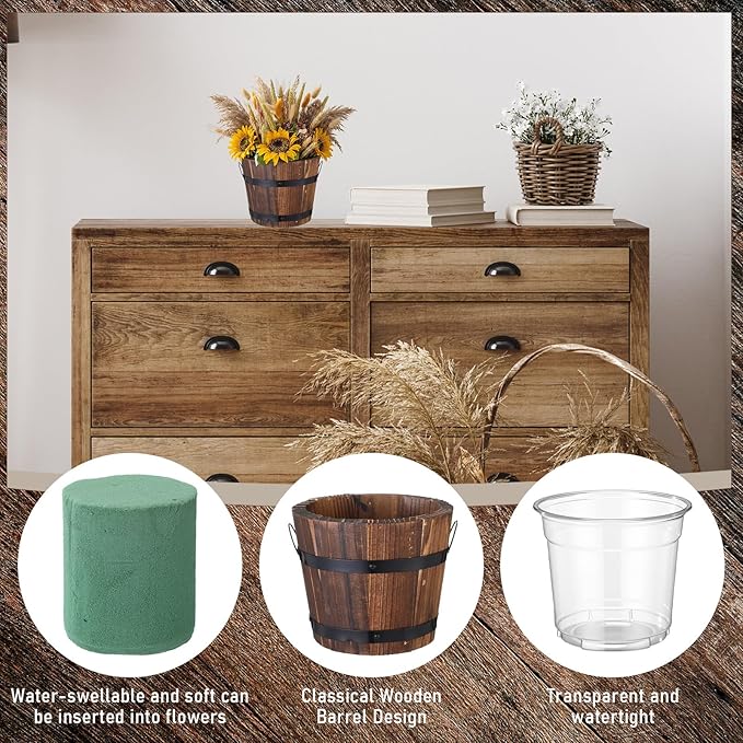 Remerry 6 Pcs Rustic Wood Barrel Planter Boxes with Removable Plastic Liners & Floral Foam Blocks, Farmhouse Decor for Wedding Table, Home, Garden, Kitchen & Party Centerpieces (Classic)