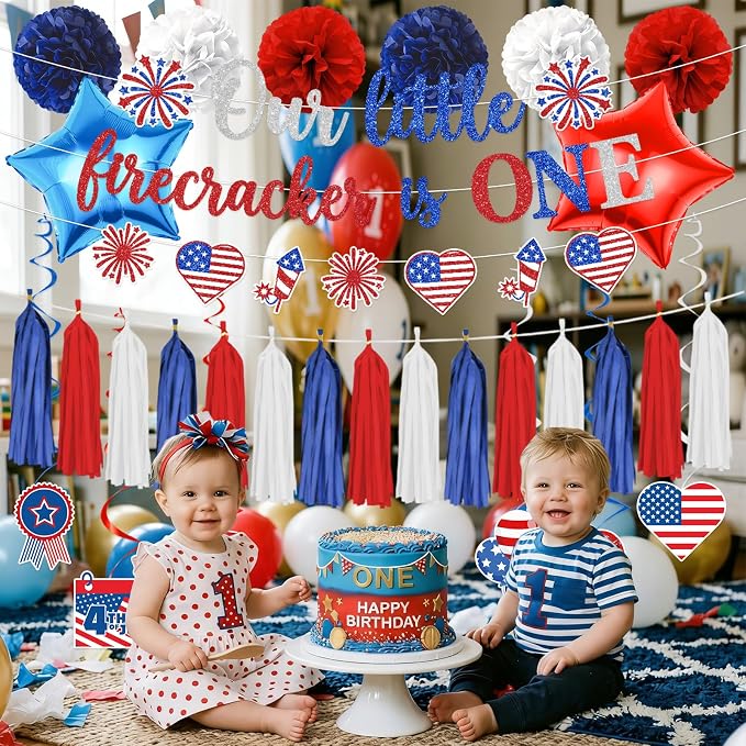 Rakuto Our Little Firecracker Is One Party Decorations, 18PCS 4th of July 1st Birthday Banners Hanging Swirls Party Decoration, Independence Day First Bday Paper Poms Garland Tassel Decor