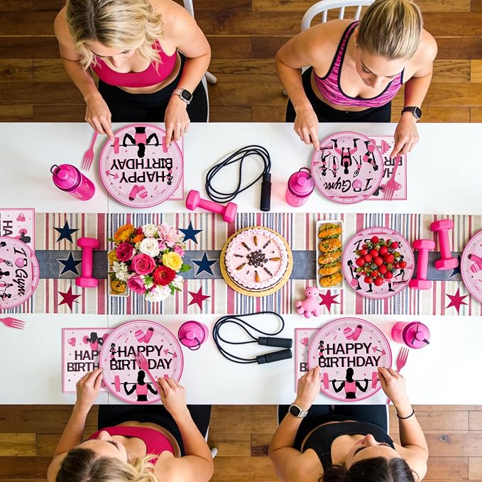 96Pcs Gym Happy Birthday Party Decoration Black and Pink Work Out Weight Plates and Napkins Disposable Weightlifting Equipment Tableware Set for Bodybuilding Girl Birthday Party Supplies Serves 24