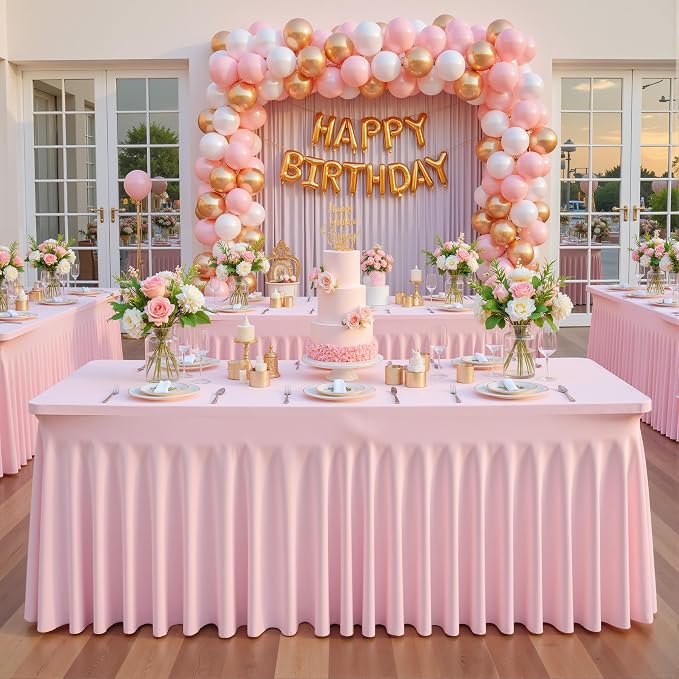 Pink Spandex Tablecloths for Rectangle Tables 8 Foot Pink Stretch Table Cloth Rectangle 8ft Elastic Fitted Table Cover with Skirt for Wedding Baby Shower Girl Birthday Party Banquet Buffet Event