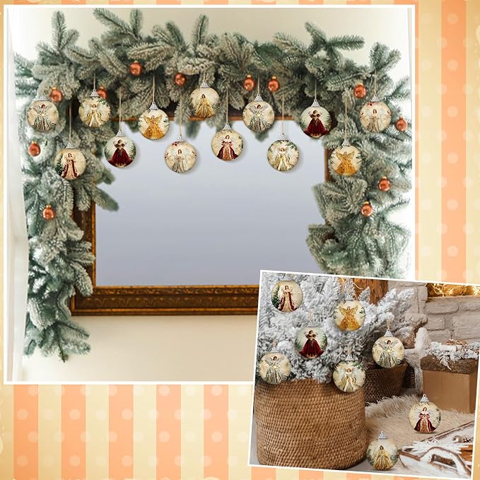 Outus 16 Pcs Christmas Tree Ball Ornaments Vintage Angel Christmas Decorations for Tree Colorful Xmas Decorative Hanging Ornaments for Farmhouse Home Fireplace Decoration Holiday Party Favors