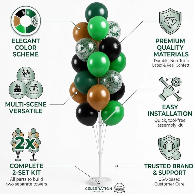 Hiins Balloon Column Kit Set of 2 With Balloons Included - with Base, and Pole,Balloon Tower Backdrop Decoration for Wedding, Baby Shower, Birthday Party, or Bachelorette Parties (Olive Coffee)