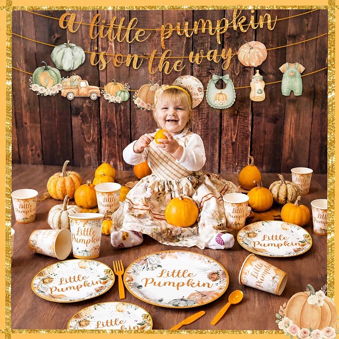 405 Pcs Little Pumpkin Baby Shower Party Decorations Thanksgiving Fall Little Pumpkin Decoration Baby Shower Plates and Napkins Supplies Include Tablecloth Banner Cups for 50 Guests Autumn