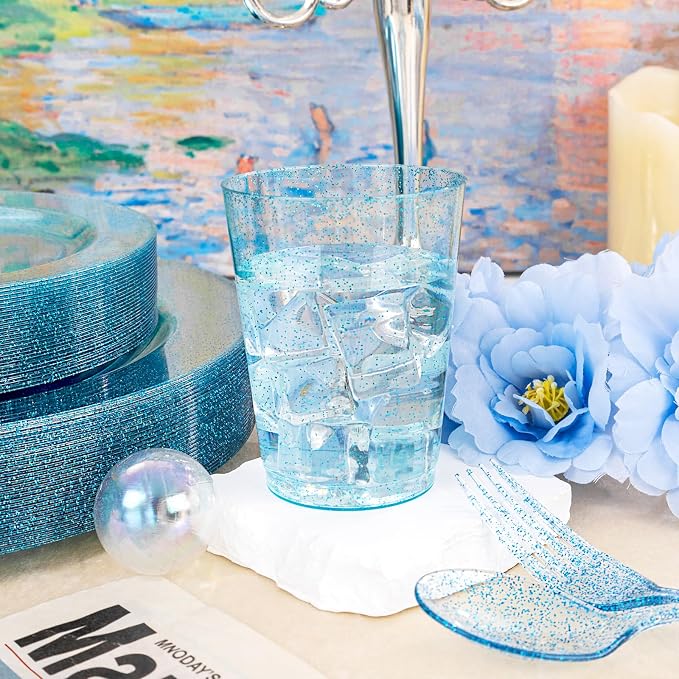 Rubtlamp 180Pcs Blue Glitter Dinnerware Set(30 Guests), Blue Plastic Plate With Gitter Disposable Silverware, Gitter Plate Set Include 30Dinner Platos, 30Dessert Platos, 90Cutlerys, 30Cups for Party