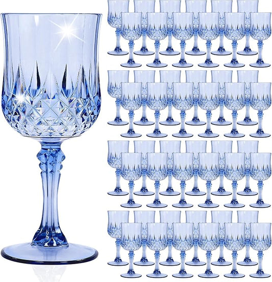 48 Pack Light Blue Plastic Wine Glasses, Vintage Plastic Goblets for Parties, Drinking Glasses Unbreakable Glassware Crystal Water Goblets Reusable Drinkware for Wedding Reception Grand Event Party