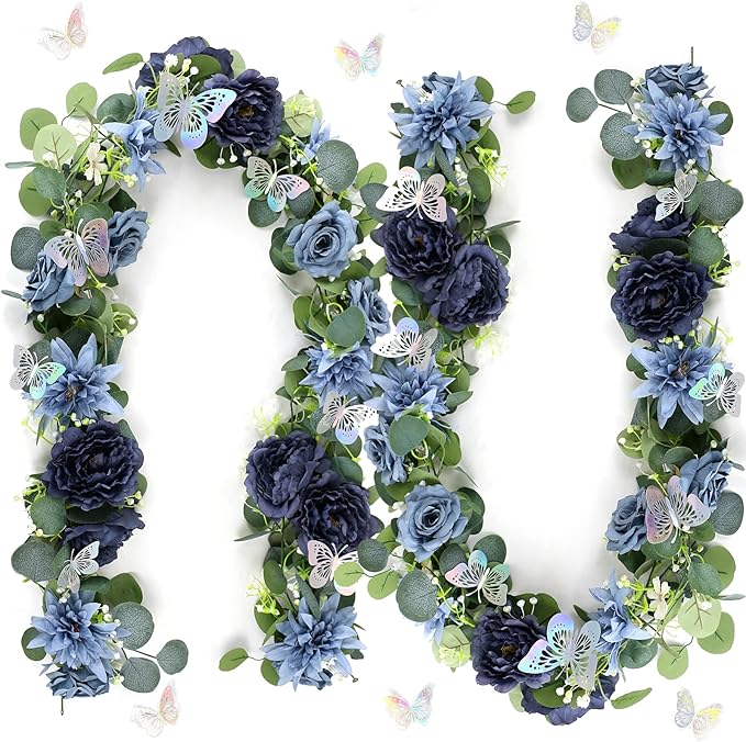 Eucalyptus Garland with Flowers - 2 Pack 5.9 FT Fake Flower Garland with Butterflies Faux Rose Greenery Garlands for Wedding Table Backdrop Arch Centerpieces Decorations - Navy Blue