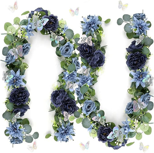 Eucalyptus Garland with Flowers - 2 Pack 5.9 FT Fake Flower Garland with Butterflies Faux Rose Greenery Garlands for Wedding Table Backdrop Arch Centerpieces Decorations - Navy Blue