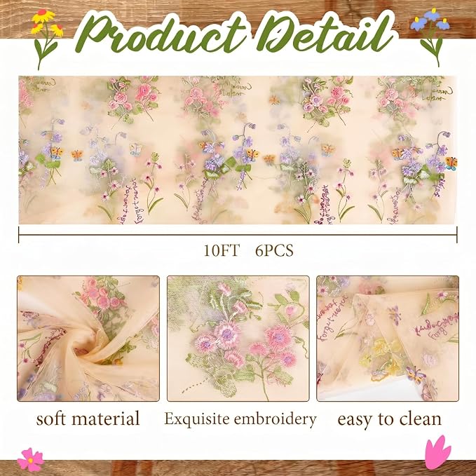 Champagne Floral Table Runner 10ft Embroidery Tulle Spring Wildflower Gauze Table Runner Seasonal Summer Butterfly Kitchen Dining Decoration for Wedding Baby Shower Birthday Party (6 Pcs)