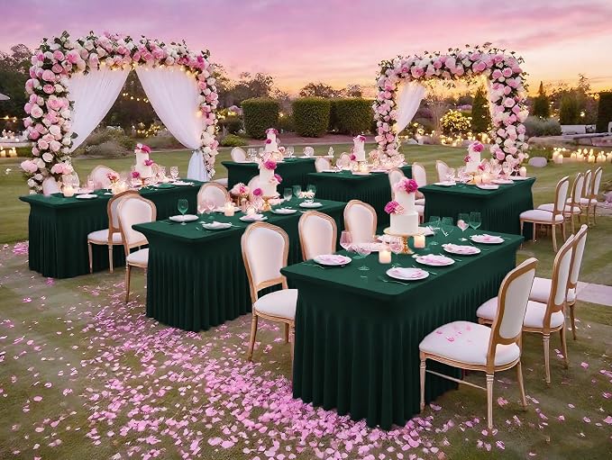 2 Packs Emerald Green Stretch Table Skirts for 8 Foot Rectangle Table, Washable Spandex Stretch Tablecloths with Skirt, Wrinkle Resistant Fitted Tablecover for Wedding Party Banquet