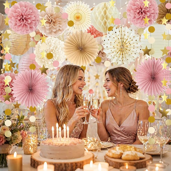 Boho Paper Party Decorations, Blush Pink and Champagne Gold Elegant Party Decor Kit with Paper Lanterns, Pom Poms, Fans and Gold Star Garland for Bridal Shower Birthday Baby Shower Wedding Party