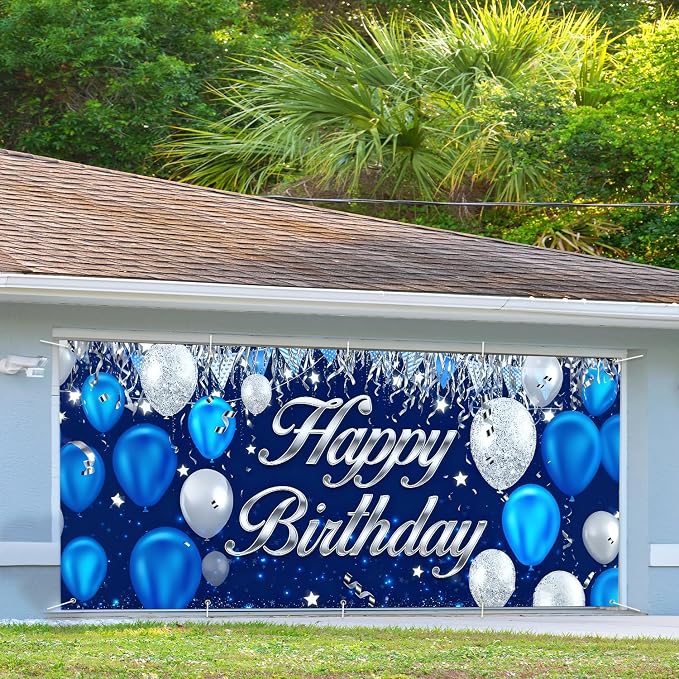 Happy Birthday Garage Door Banner Backdrop 7x16ft Waterproof - Blue&Silver Balloon Banner for Adult Party Decor,Men Women Outdoor Indoor Photo Background
