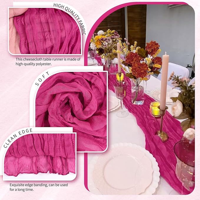 10 Pack Fuschia Cheesecloth Table Runner 10FT Boho Gauze Cheese Cloth Table Runners Romantic Rustic Sheer Table Decorations for Wedding Party Baby Shower Birthday Holiday Home