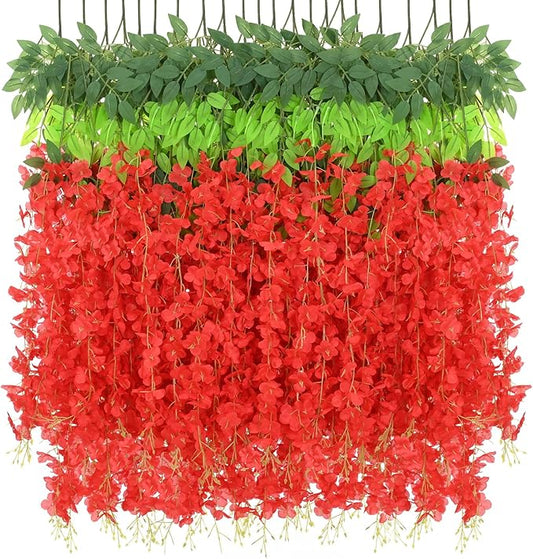 BLEUM CADE 36Pcs Red Fake Wisteria Hanging Flowers, 3.6Ft/Pcs Artificial Wisteria Garland, Hanging Flowers for Wedding Party Home Backdrop Wall Decoration