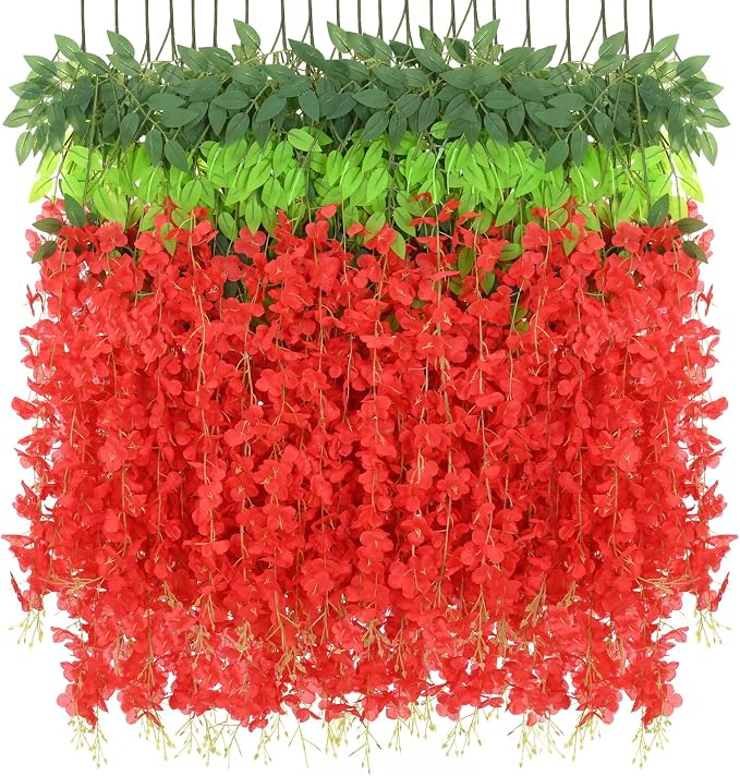 BLEUM CADE 36Pcs Red Fake Wisteria Hanging Flowers, 3.6Ft/Pcs Artificial Wisteria Garland, Hanging Flowers for Wedding Party Home Backdrop Wall Decoration
