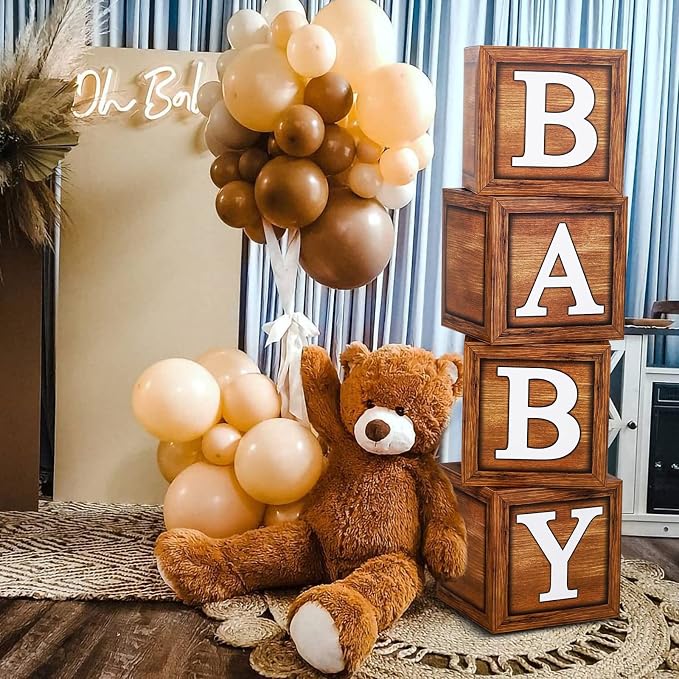 DataMoon Teddy Bear Baby Shower Party Decorations - Wood Grain Boxes with Baby Letters, 90PCS Nude and Brown Balloons, Boho Backdrop “We Can Bearly Wait” for BabyShower, Gender Reveal,Birthday Party